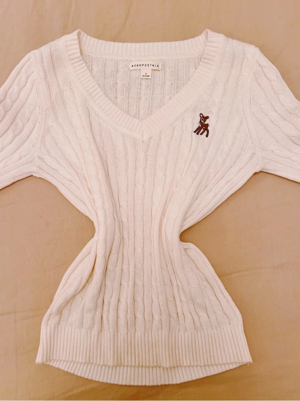 Aeropostale Cream Cable-Knit V-Neck Sweater with Deer Patch